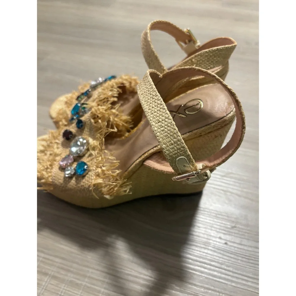 Exe Raffia Wedge Sandals Bejeweled Fringe Platform Ankle Strap‎ Tan Multi 36